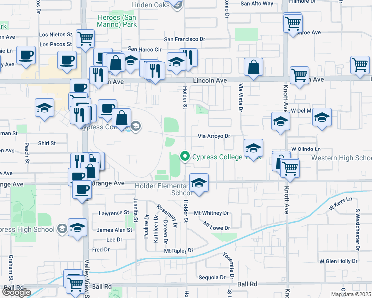 map of restaurants, bars, coffee shops, grocery stores, and more near 9351 Via Balboa Circle in Buena Park