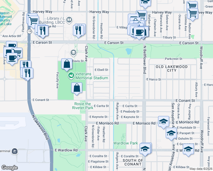 map of restaurants, bars, coffee shops, grocery stores, and more near 5222 East Walkerton Street in Long Beach