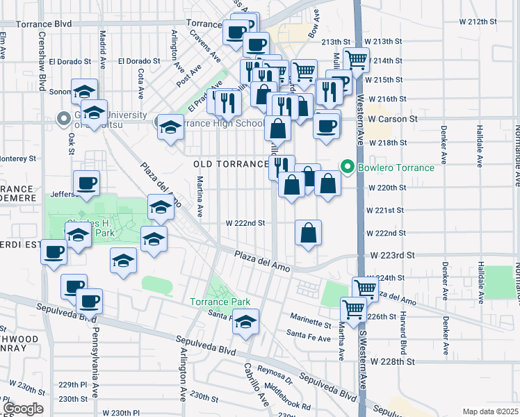 map of restaurants, bars, coffee shops, grocery stores, and more near 2114 Andreo Avenue in Torrance