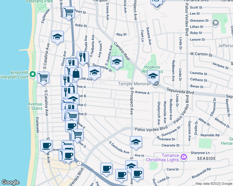 map of restaurants, bars, coffee shops, grocery stores, and more near 835 Avenue B in Redondo Beach