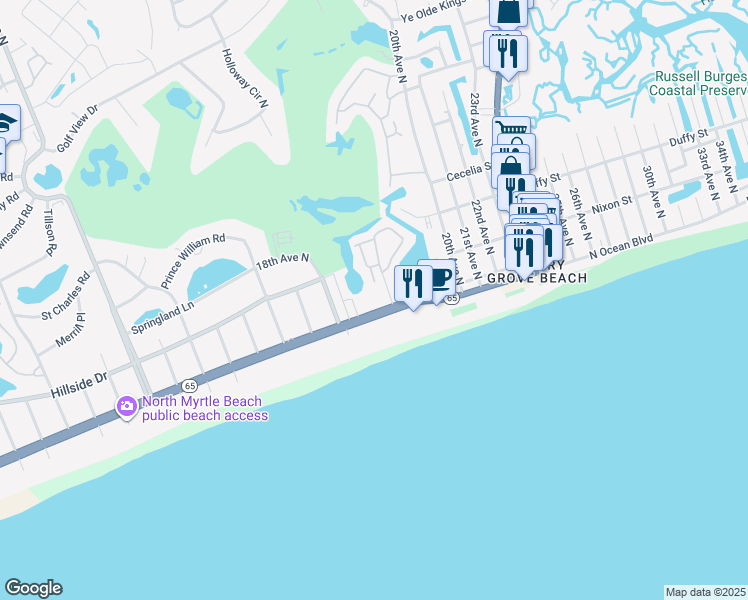 map of restaurants, bars, coffee shops, grocery stores, and more near 1819 South Carolina 65 in North Myrtle Beach