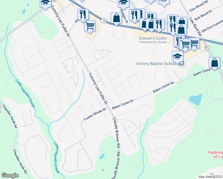 map of restaurants, bars, coffee shops, grocery stores, and more near 1215 Saint James Place in Loganville