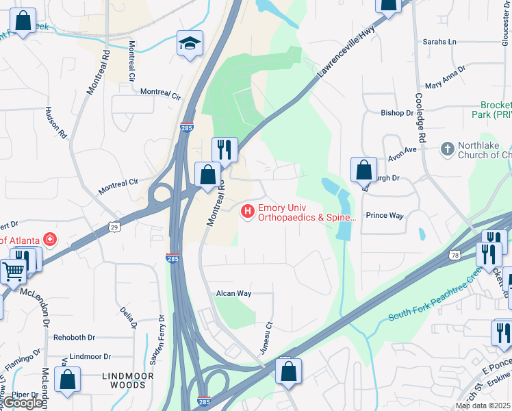 map of restaurants, bars, coffee shops, grocery stores, and more near 3453 Woodlawn Circle in Tucker