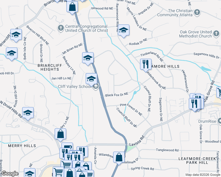 map of restaurants, bars, coffee shops, grocery stores, and more near 1562 Deer Park Road Northeast in Atlanta