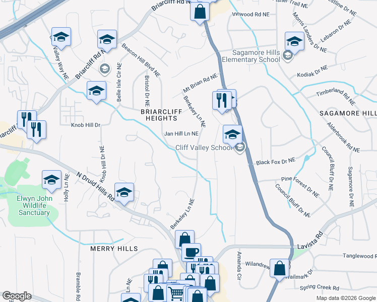 map of restaurants, bars, coffee shops, grocery stores, and more near 1853 Georgiana Drive Northeast in Atlanta