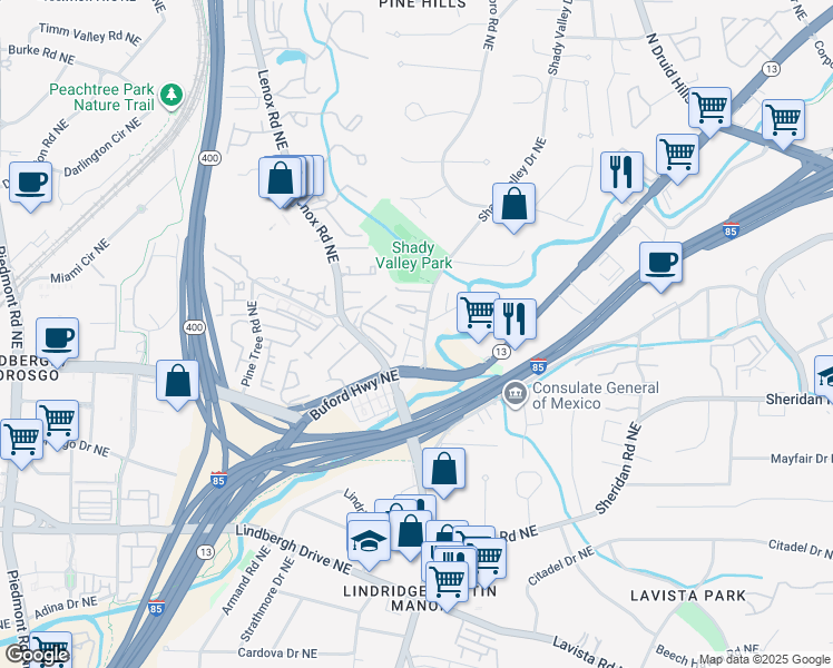 map of restaurants, bars, coffee shops, grocery stores, and more near 858 Stonehill Lane in Atlanta