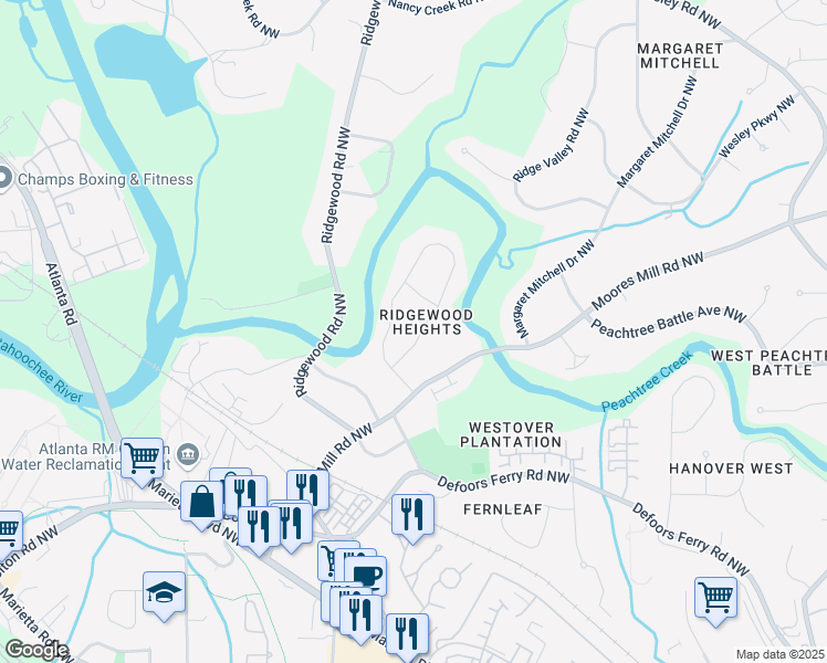 map of restaurants, bars, coffee shops, grocery stores, and more near 2891 Ridgemore Road Northwest in Atlanta