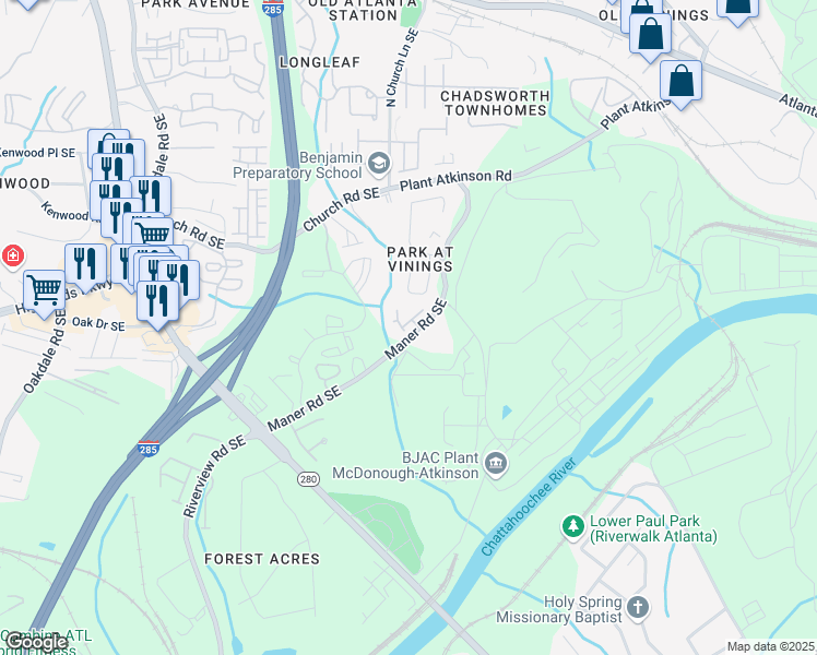 map of restaurants, bars, coffee shops, grocery stores, and more near 2444 Coosa Valley in Atlanta