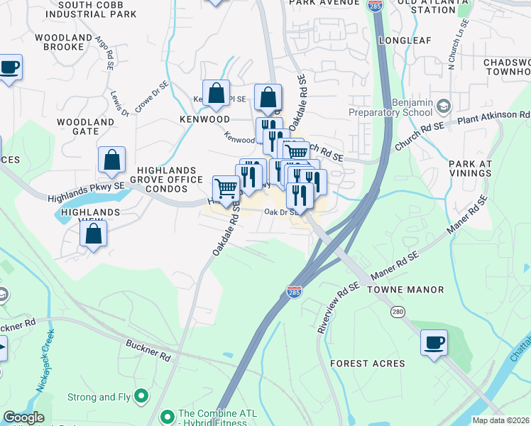 map of restaurants, bars, coffee shops, grocery stores, and more near 2019 West Hill Drive in Smyrna