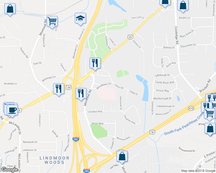 map of restaurants, bars, coffee shops, grocery stores, and more near 3453 Woodlawn Cir in Tucker