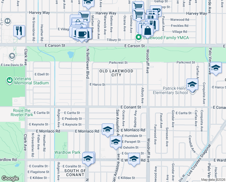 map of restaurants, bars, coffee shops, grocery stores, and more near 3749 North Sebren Avenue in Long Beach