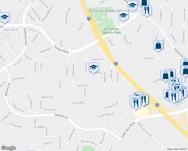 map of restaurants, bars, coffee shops, grocery stores, and more near 20140 Kayne Street in Corona