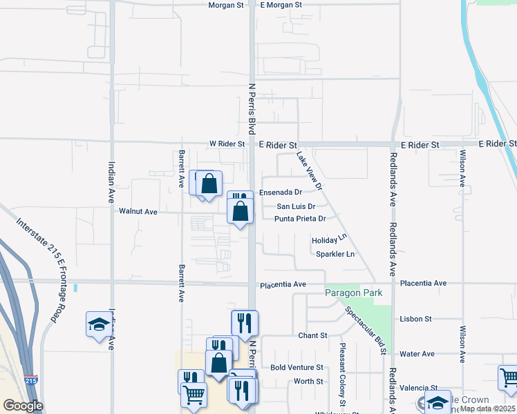 map of restaurants, bars, coffee shops, grocery stores, and more near 3020 Santo Tomas Avenue in Perris