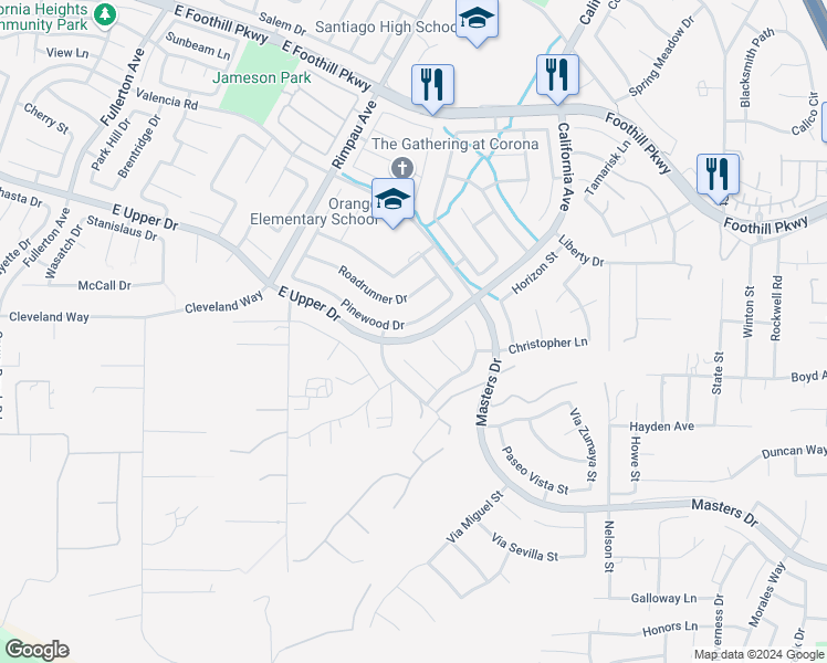 map of restaurants, bars, coffee shops, grocery stores, and more near 1448 Pinewood Drive in Corona