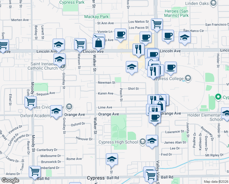 map of restaurants, bars, coffee shops, grocery stores, and more near 5651 Karen Avenue in Cypress