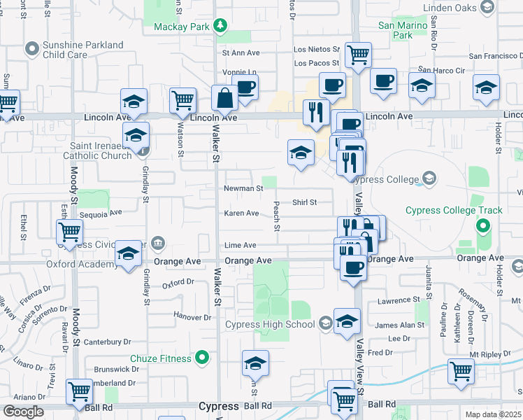 map of restaurants, bars, coffee shops, grocery stores, and more near 5651 Karen Avenue in Cypress