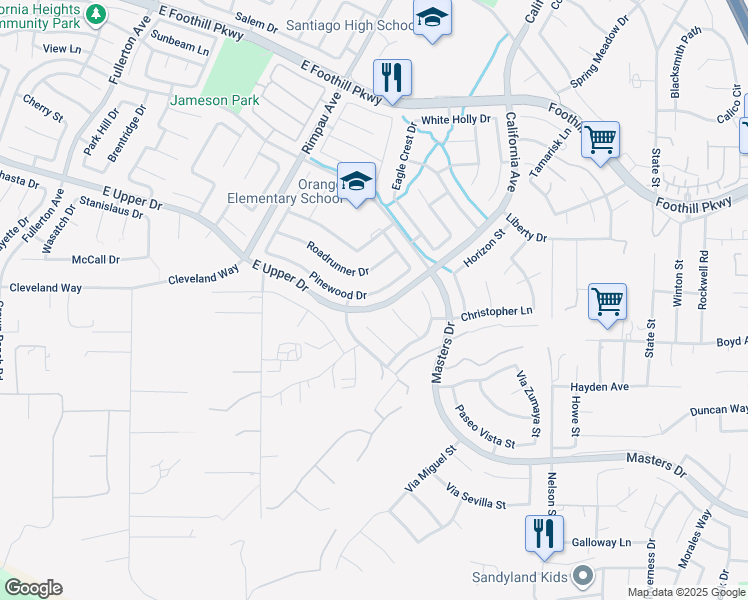 map of restaurants, bars, coffee shops, grocery stores, and more near 1448 Pinewood Drive in Corona