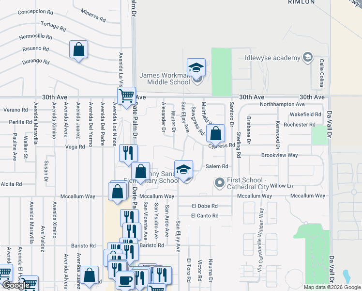 map of restaurants, bars, coffee shops, grocery stores, and more near 30507 San Eljay Avenue in Cathedral City