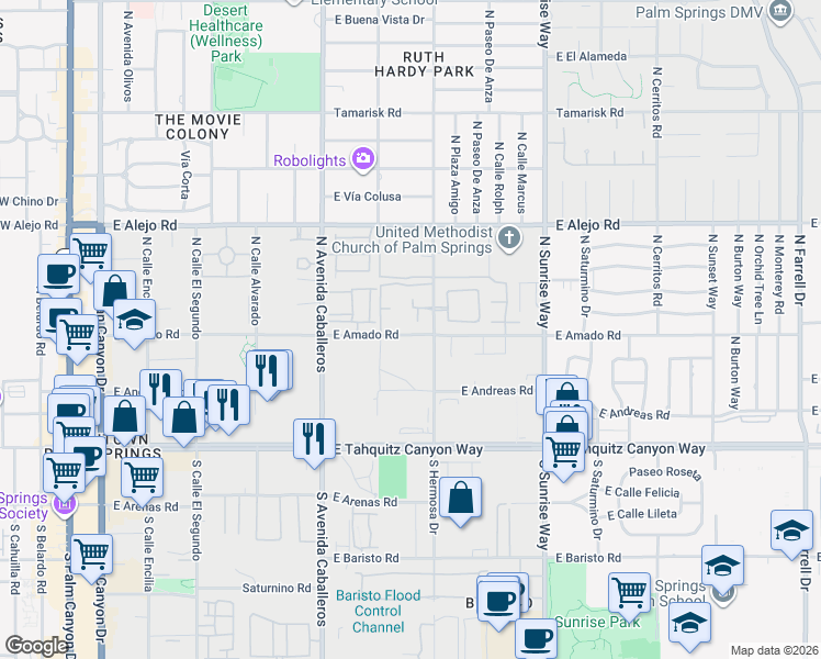 map of restaurants, bars, coffee shops, grocery stores, and more near 531 North Hermosa Drive in Palm Springs