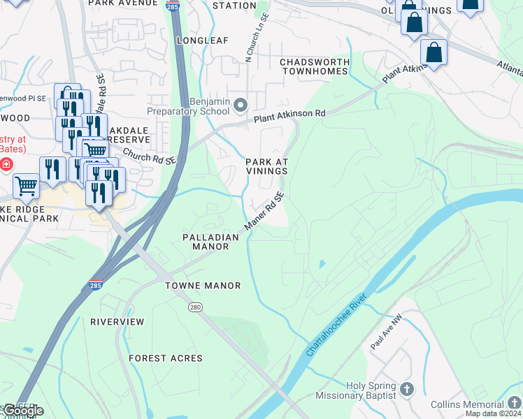 map of restaurants, bars, coffee shops, grocery stores, and more near 2452 Coosa Valley in Atlanta