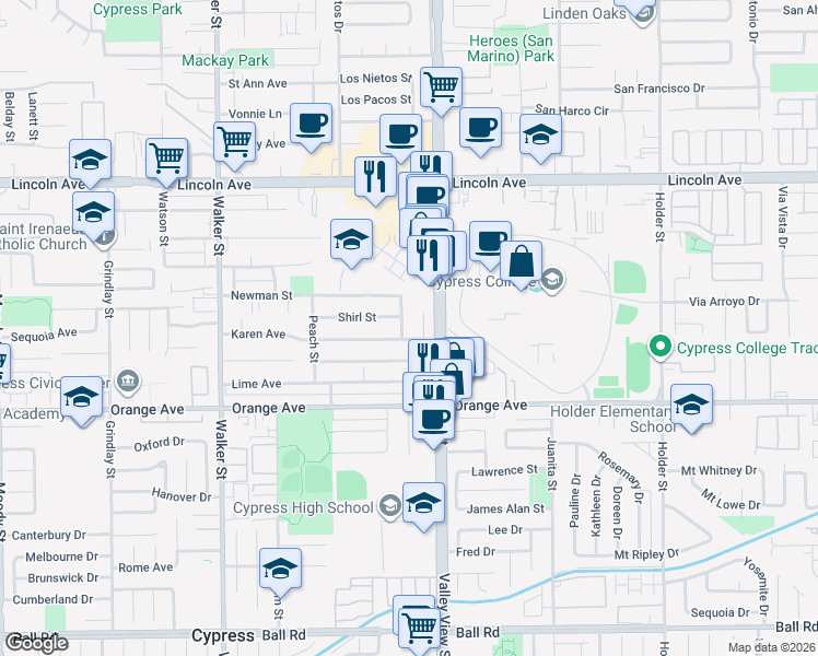 map of restaurants, bars, coffee shops, grocery stores, and more near 9332 Nancy Street in Cypress