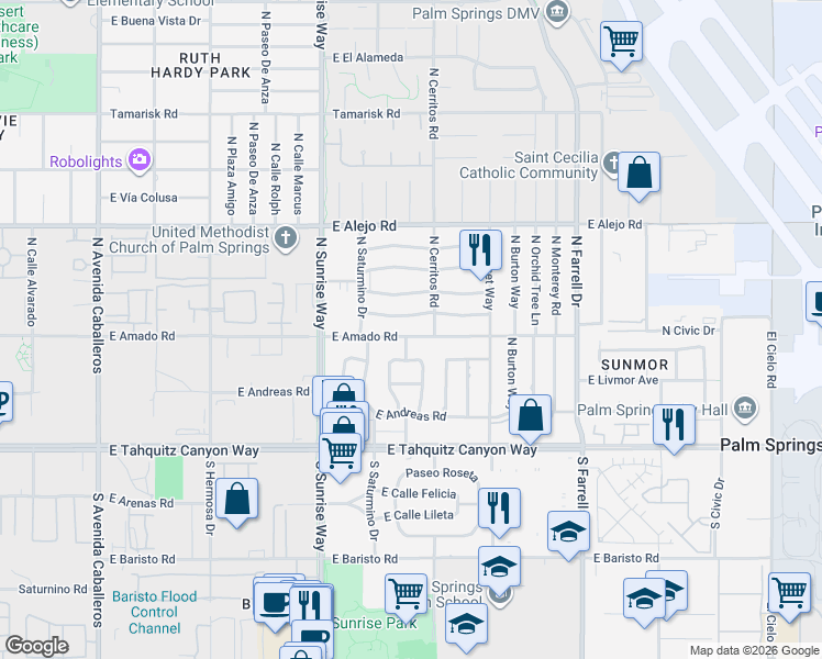 map of restaurants, bars, coffee shops, grocery stores, and more near 2021 East Amado Road in Palm Springs