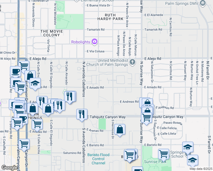 map of restaurants, bars, coffee shops, grocery stores, and more near 531 North Hermosa Drive in Palm Springs