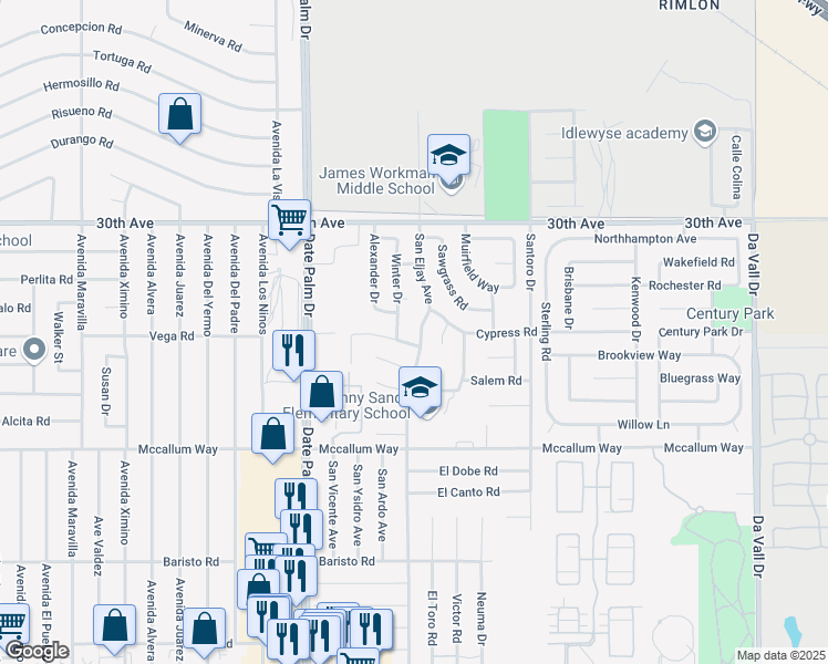 map of restaurants, bars, coffee shops, grocery stores, and more near 30507 San Eljay Avenue in Cathedral City
