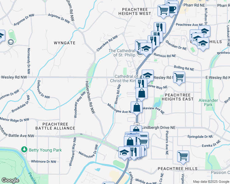 map of restaurants, bars, coffee shops, grocery stores, and more near 2648 Rivers Road Northwest in Atlanta