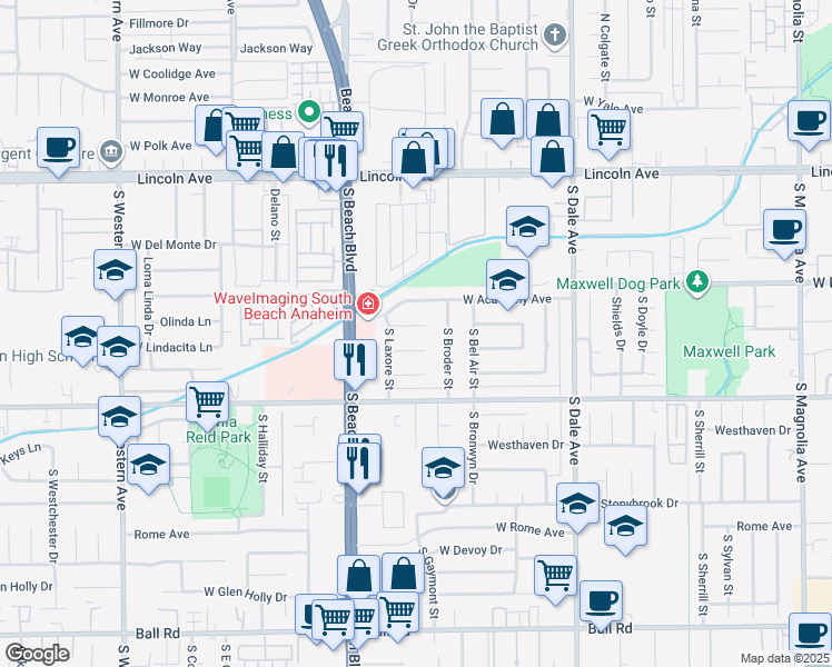 map of restaurants, bars, coffee shops, grocery stores, and more near 2957 West Rowland Circle in Anaheim