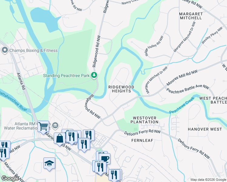 map of restaurants, bars, coffee shops, grocery stores, and more near 2623 Ridgemore Road Northwest in Atlanta