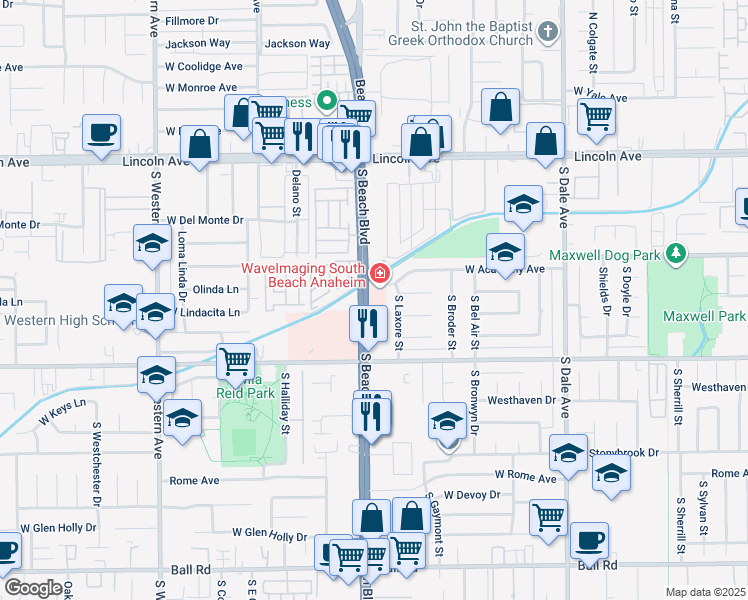 map of restaurants, bars, coffee shops, grocery stores, and more near 408 South Beach Boulevard in Anaheim