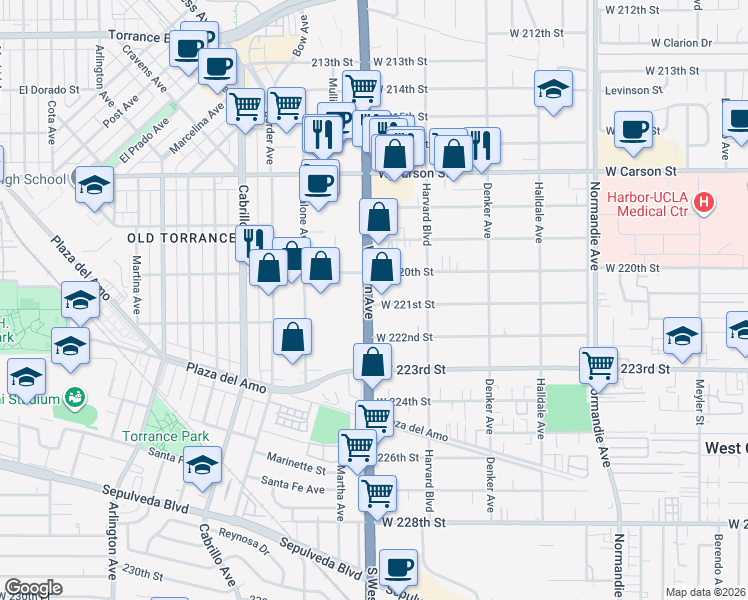 map of restaurants, bars, coffee shops, grocery stores, and more near 1665 West 221st Street in Torrance