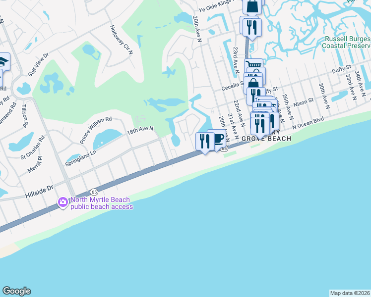 map of restaurants, bars, coffee shops, grocery stores, and more near 1819 South Carolina 65 in North Myrtle Beach