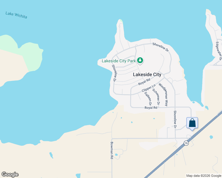 map of restaurants, bars, coffee shops, grocery stores, and more near 1206 Shoreline Drive in Wichita Falls