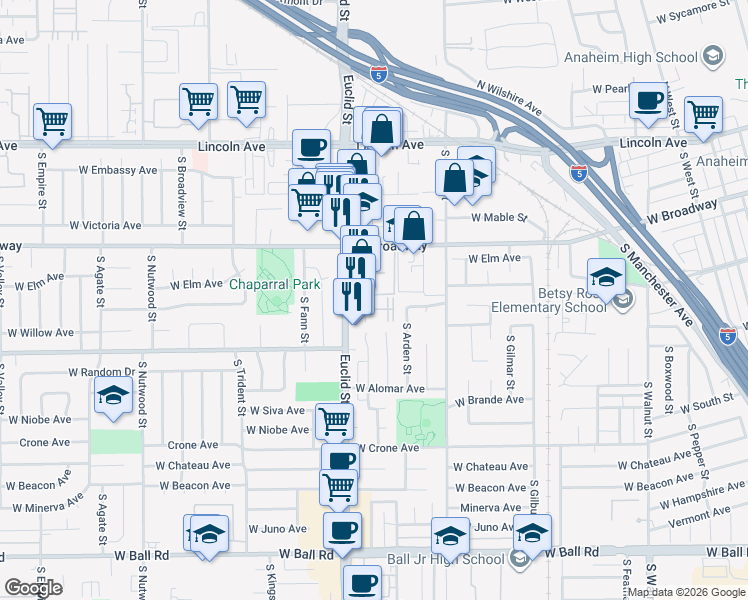 map of restaurants, bars, coffee shops, grocery stores, and more near 1681 West Tedmar Avenue in Anaheim