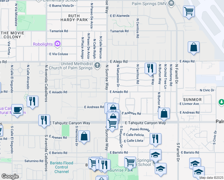 map of restaurants, bars, coffee shops, grocery stores, and more near 300 North Sunrise Way in Palm Springs