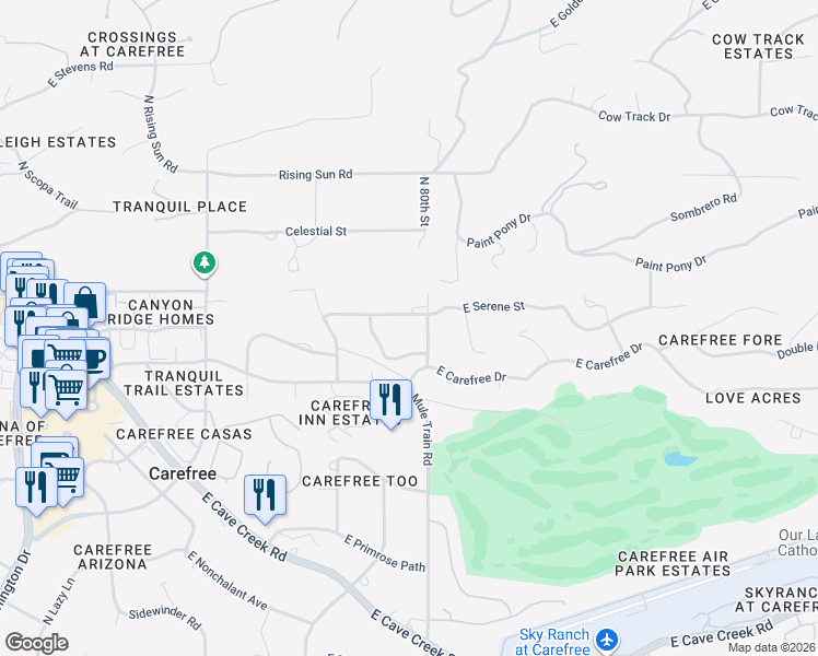 map of restaurants, bars, coffee shops, grocery stores, and more near 37626 Mule Train Road in Scottsdale