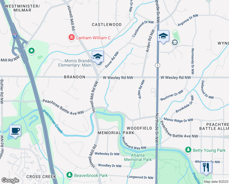 map of restaurants, bars, coffee shops, grocery stores, and more near 2647 Battle Overlook Northwest in Atlanta