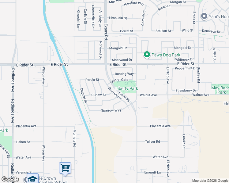 map of restaurants, bars, coffee shops, grocery stores, and more near 3053 Barn Owl Drive in Perris