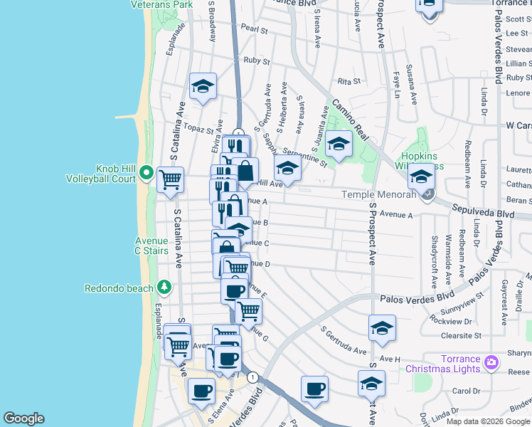 map of restaurants, bars, coffee shops, grocery stores, and more near 622 Avenue B in Redondo Beach