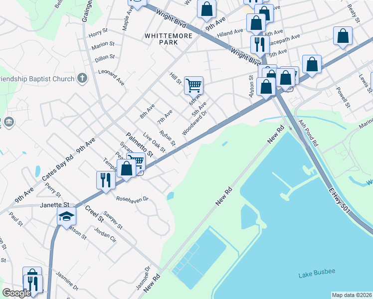 map of restaurants, bars, coffee shops, grocery stores, and more near 303 Rufus Street in Conway