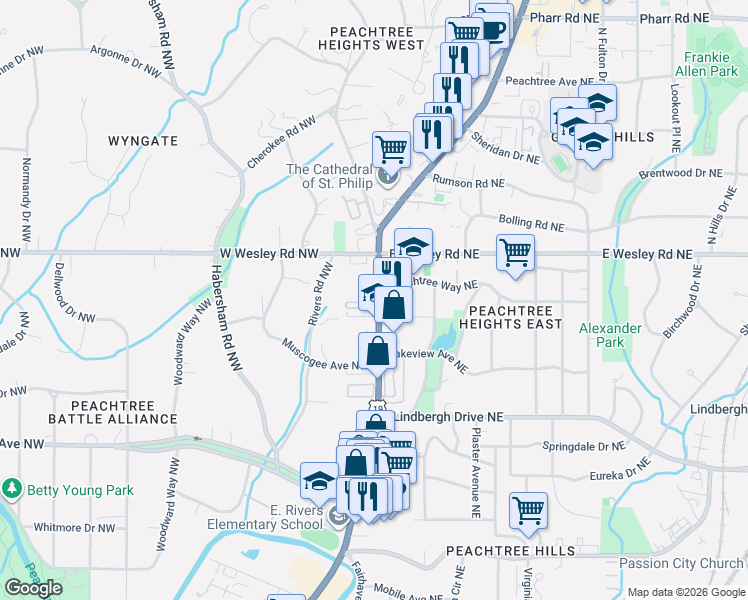map of restaurants, bars, coffee shops, grocery stores, and more near 2655 Peachtree Road Northeast in Atlanta