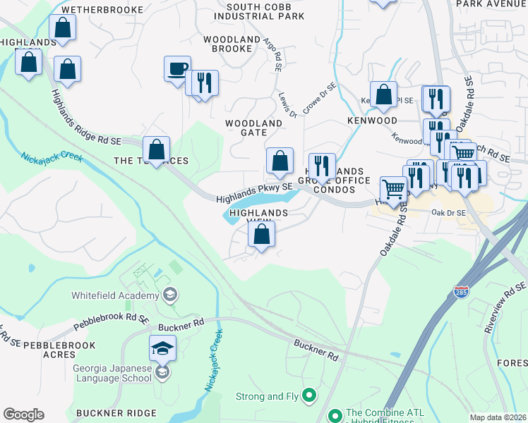 map of restaurants, bars, coffee shops, grocery stores, and more near 1753 Highlands View Drive in Smyrna