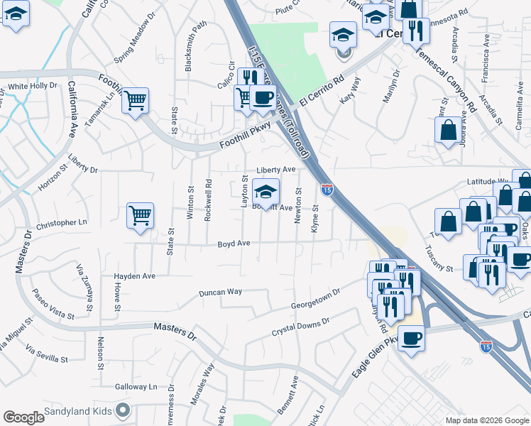 map of restaurants, bars, coffee shops, grocery stores, and more near 20140 Kayne Street in Corona
