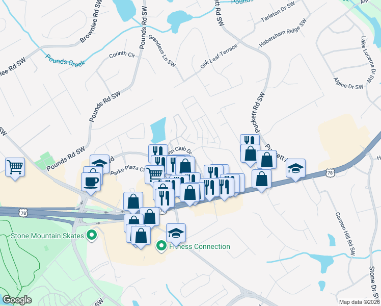 map of restaurants, bars, coffee shops, grocery stores, and more near 1935 Glenn Club Drive in Stone Mountain