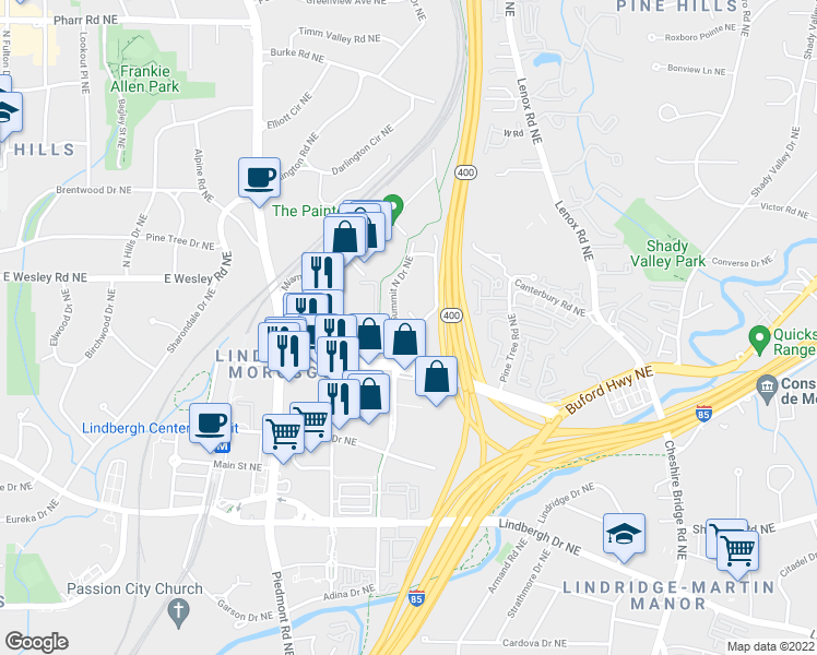 map of restaurants, bars, coffee shops, grocery stores, and more near Summit North Drive Northeast in Atlanta