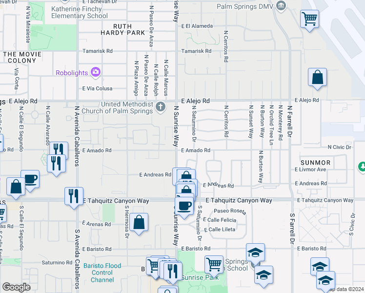 map of restaurants, bars, coffee shops, grocery stores, and more near 1733 East Amado Road in Palm Springs
