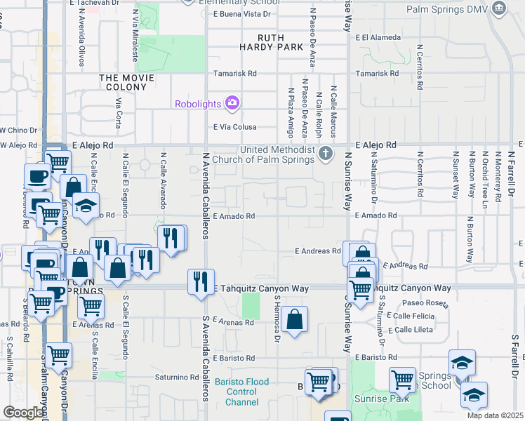 map of restaurants, bars, coffee shops, grocery stores, and more near 531 North Hermosa Drive in Palm Springs