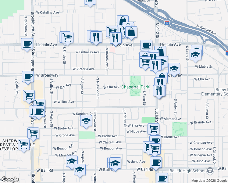 map of restaurants, bars, coffee shops, grocery stores, and more near 2300 South Lewis Street in Anaheim